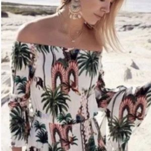 Jaase Womens Medium Tropical Print Off The Shoulder Jumpsuit Boho Festival Sz XS